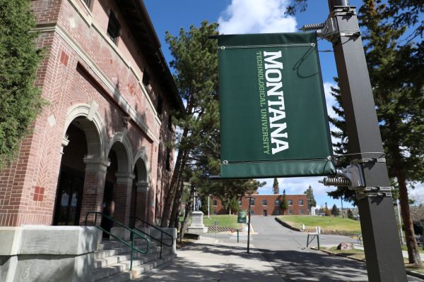 A Montana Tech banner flies on campus