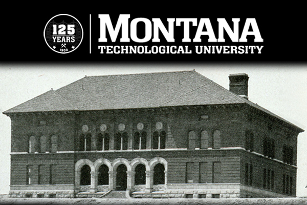 Historical photo of Montana Tech with University's black and white logo on top.