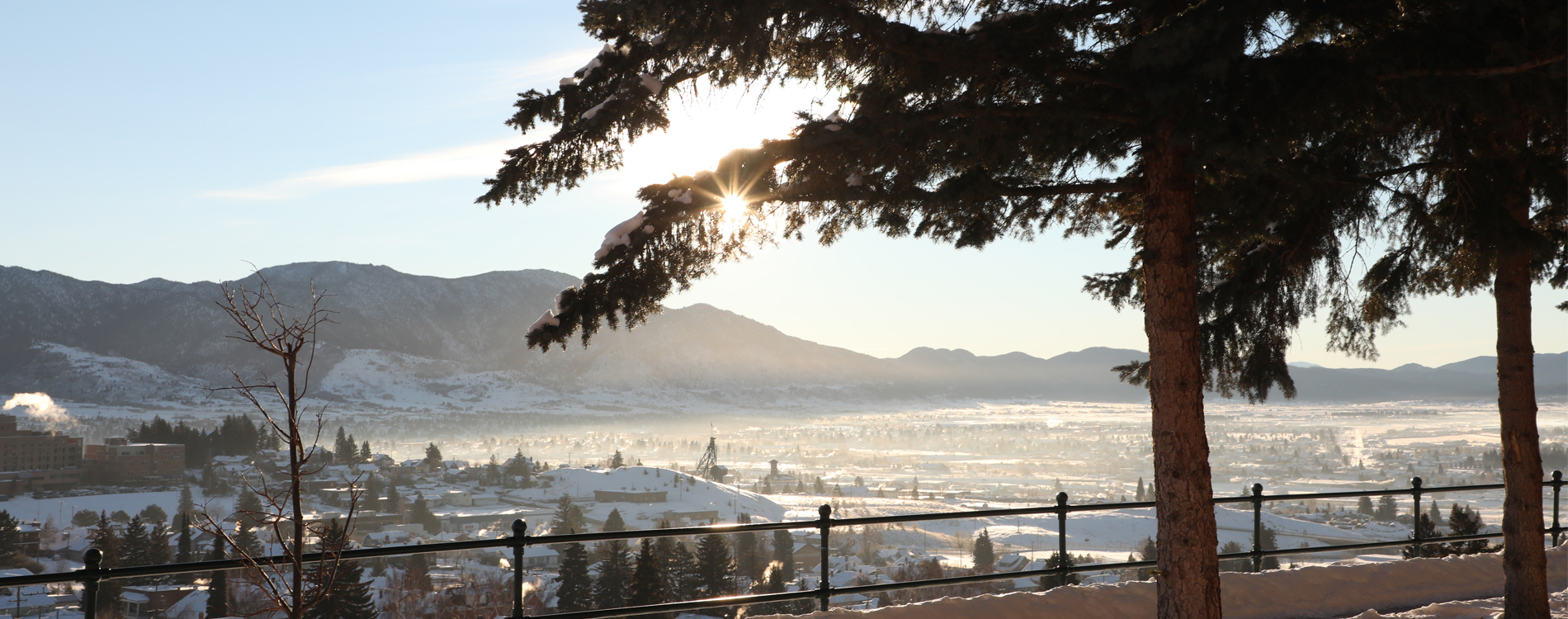 Morning sunrise with snow-covered mountains