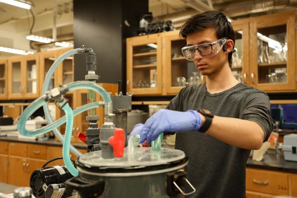 Student looking at a tube containing blue fluid