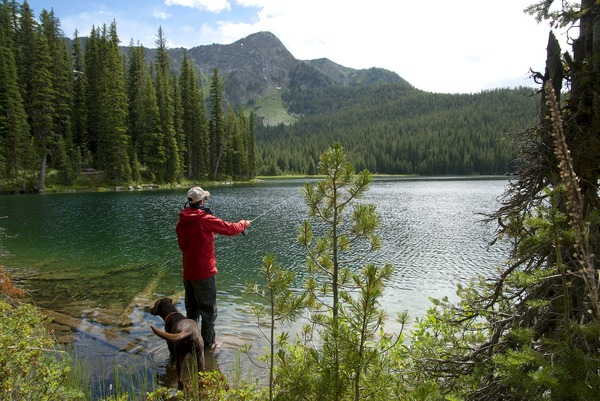 A student and his dog fishing at a lake