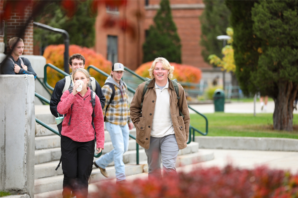 Group of students walking down stairs.