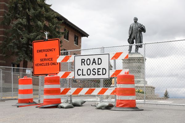 Marcus Daly statue with construction signs