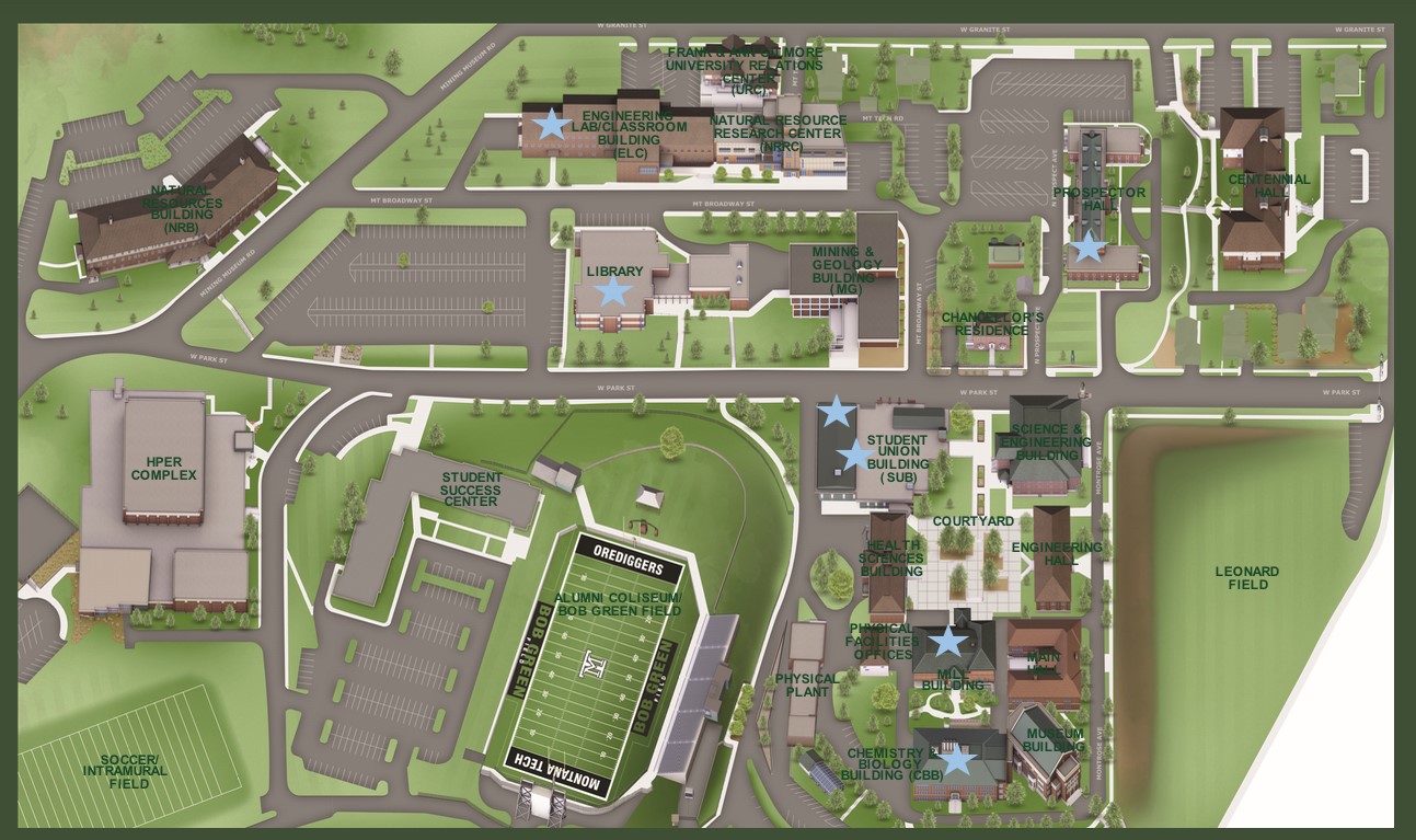 A campus map with Winter Stroll activities marked by blue stars.