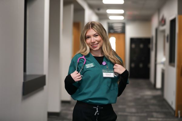 Montana Tech junior Kelsey Westervelt in scrubs