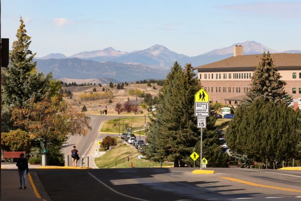 Campus on a fall day, with mountains in the background