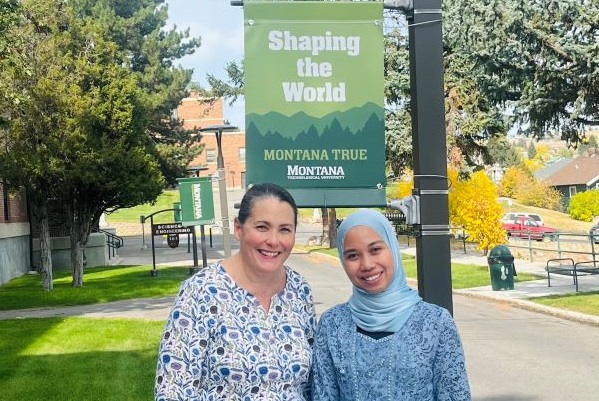 Nurul Aqilah and Professor Dawn Atkinson pose for a photo on Montana Tech campus