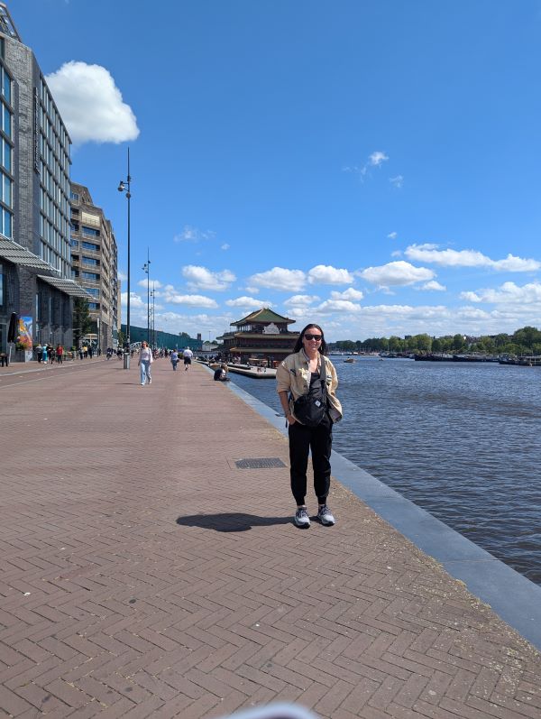 Halli Weis, by a canal in Amsterdam