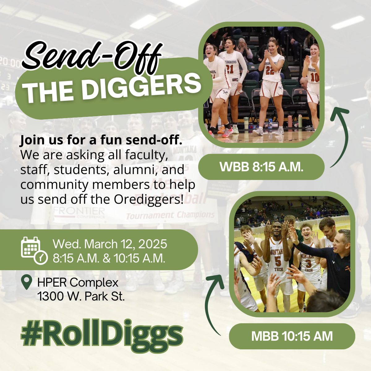 Graphic that says "Rally for the Orediggers" and has graphics of students playing basketball. 