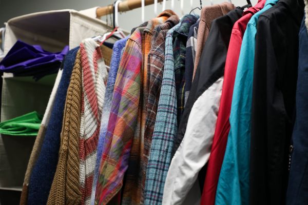 clothes on a rack. 