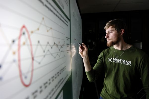 A student works with a dataset at a smartboard. 