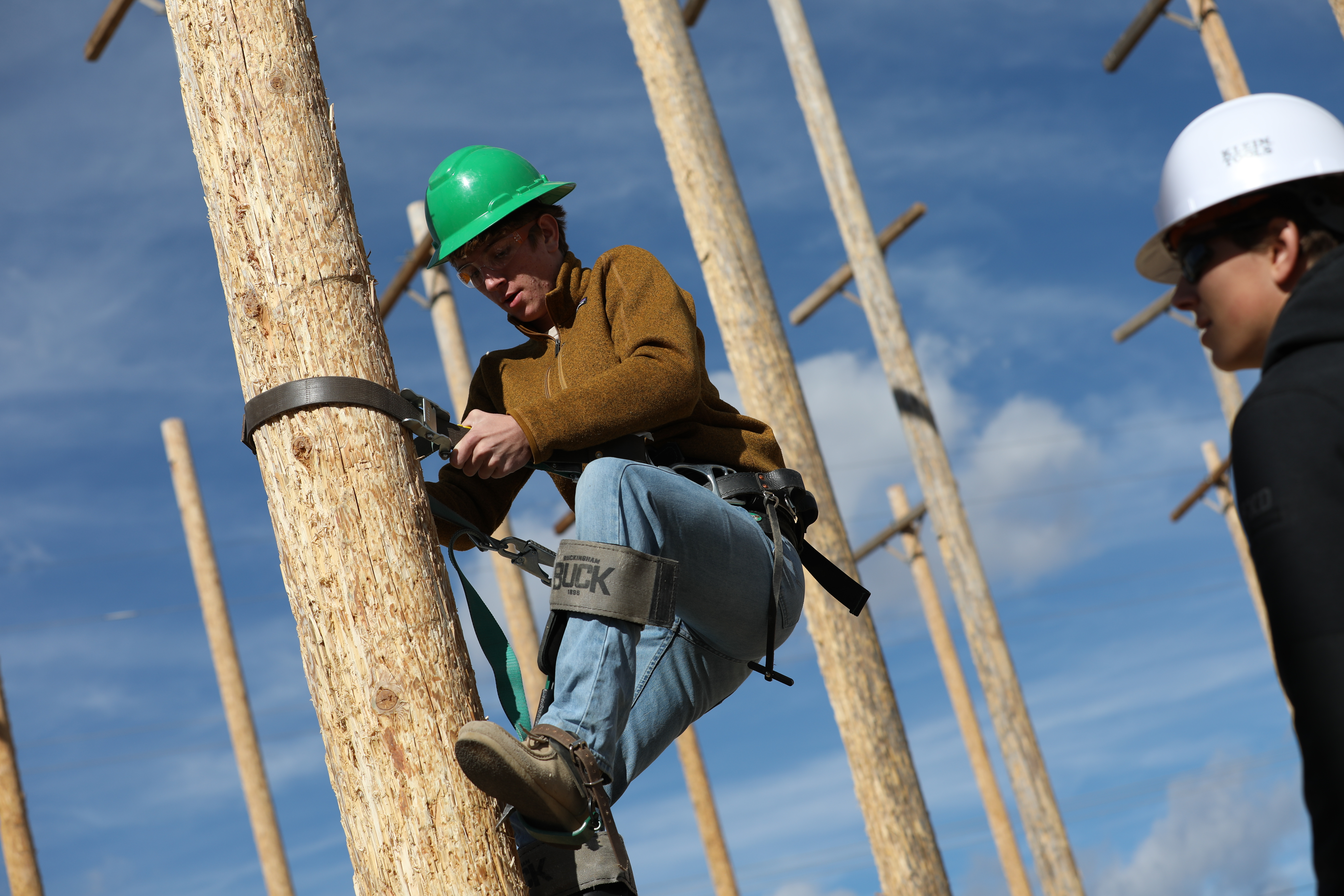 !A student climbs a pole in the pole yard